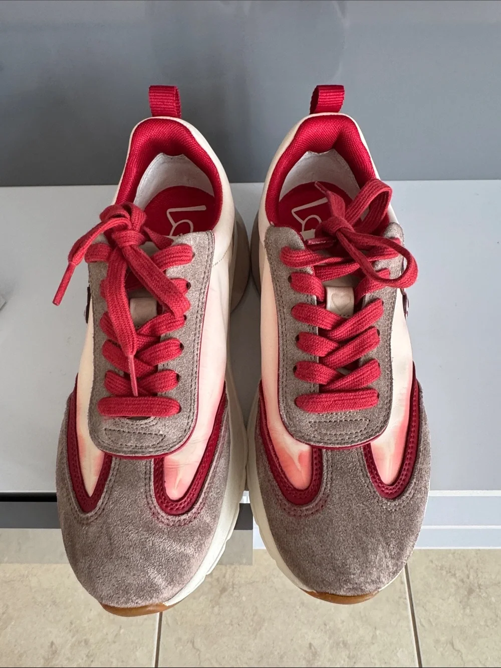 Tory Burch Beige Suede & Red Accent Women's Chunky Sneakers